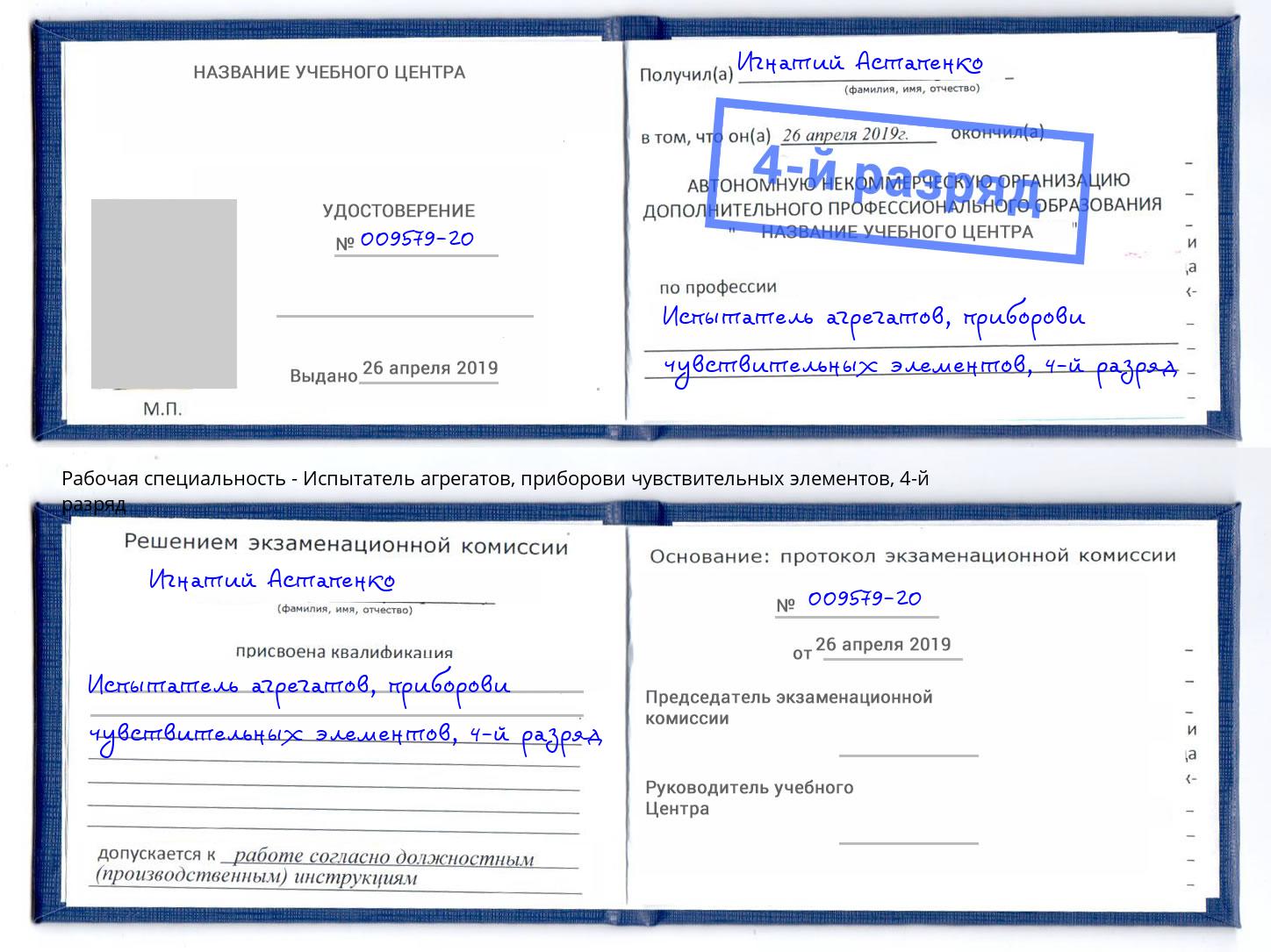 корочка 4-й разряд Испытатель агрегатов, приборови чувствительных элементов Южно-Сахалинск