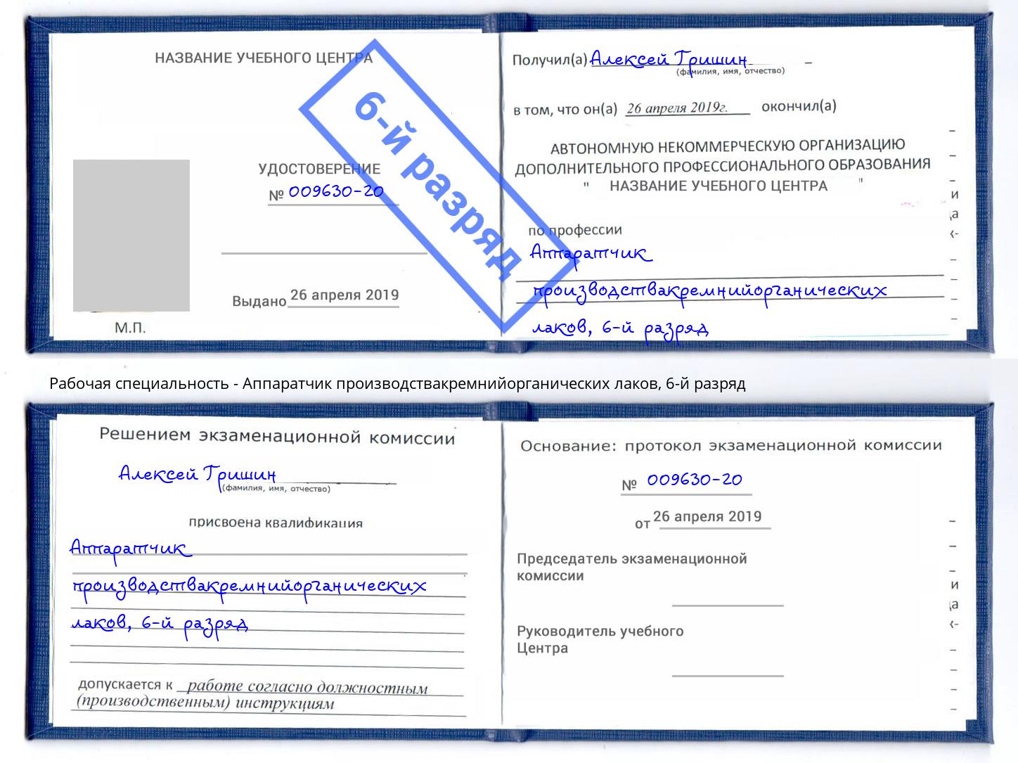 корочка 6-й разряд Аппаратчик производствакремнийорганических лаков Южно-Сахалинск